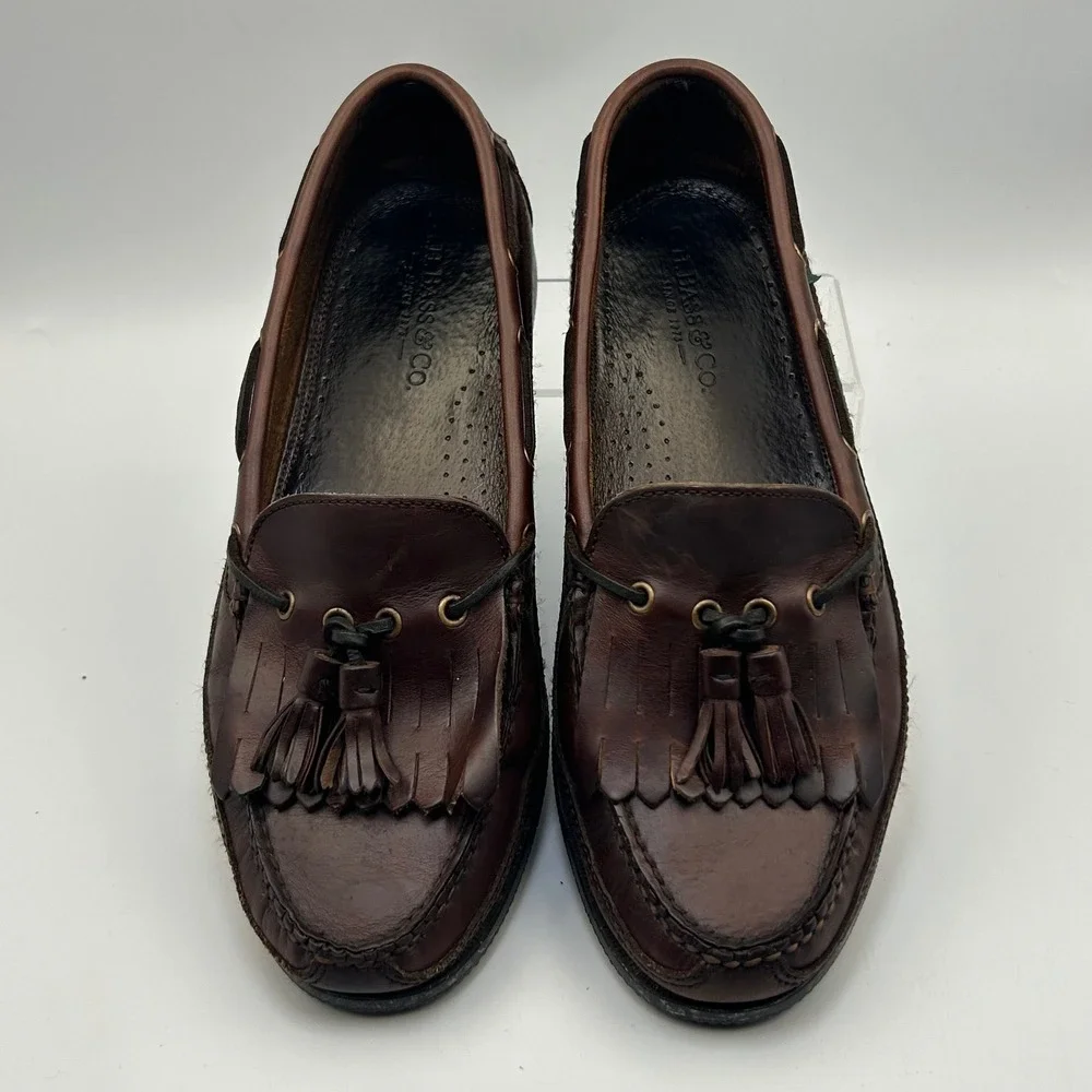 Bass Flint Loafers Mens 10 M Brown Leather Kiltie Tassel Preppy Dark Academia
